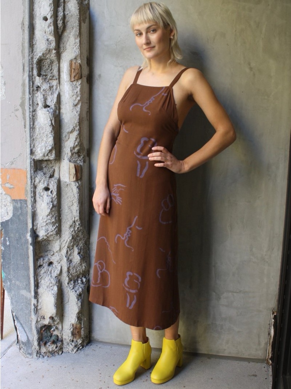Paloma Wool Brown Midi Dress with Abstract Line Motif